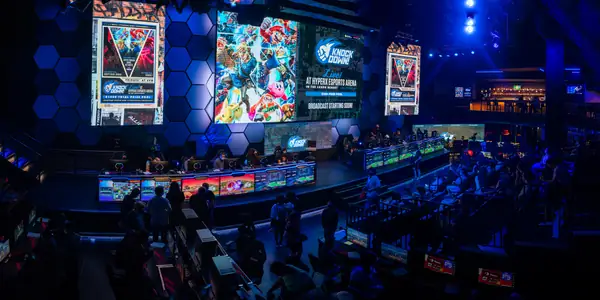 Panoramic view of the HyperX Arena main stage and LED walls