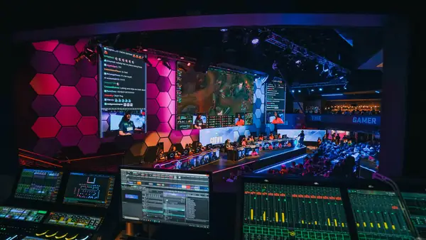 Audio console overlooking the arena stage