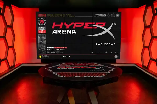 Broadcast studio set with HyperX Arena backdrop